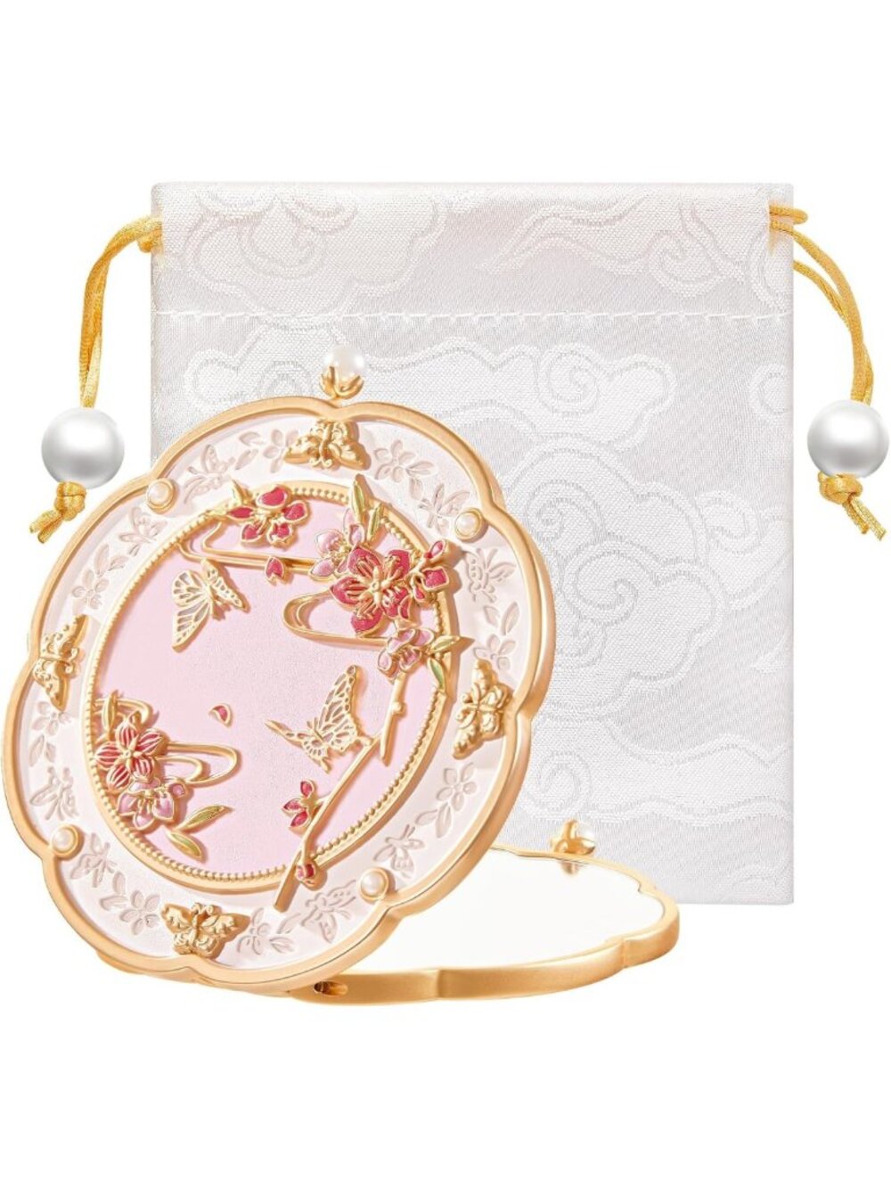 Chic Peach Blossom Compact Mirror - Elegant Chinese Style Travel Accessory